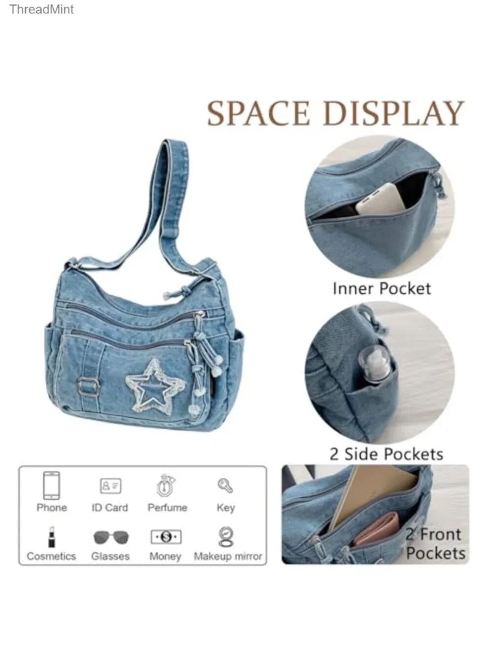 Denim Crossbody Bag Vintage Jean Shoulder Purse Canvas Satchel Messenger Hobo